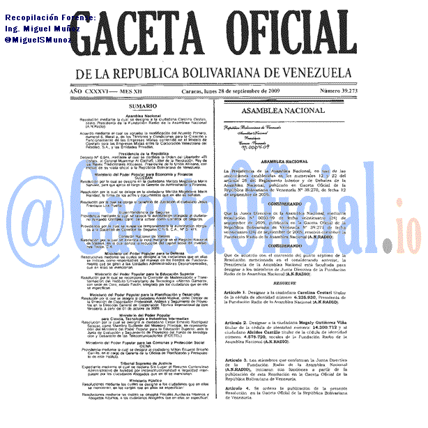 Gaceta Oficial 39273 del 28 Septiembre 2009