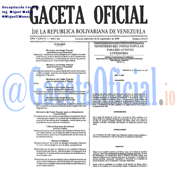 Gaceta Oficial 39275 del 30 Septiembre 2009