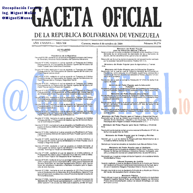 Gaceta Oficial 39279 del 6 Octubre 2009