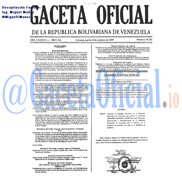 Gaceta Oficial 39281 del 8 Octubre 2009