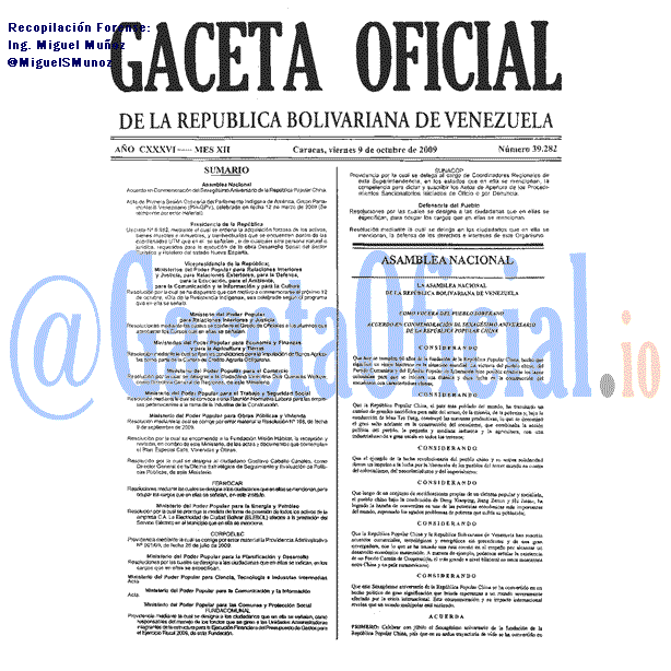 Gaceta Oficial 39282 del 9 Octubre 2009