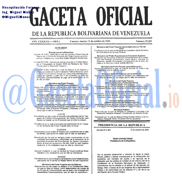 Gaceta Oficial 39283 del 13 Octubre 2009