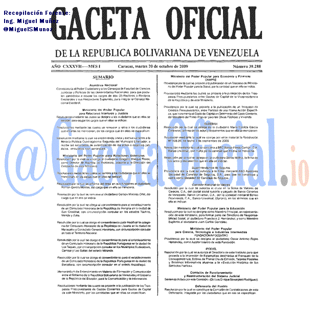 Gaceta Oficial 39288 del 20 Octubre 2009