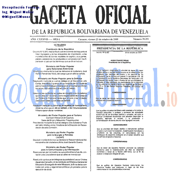 Gaceta Oficial 39291 del 23 Octubre 2009