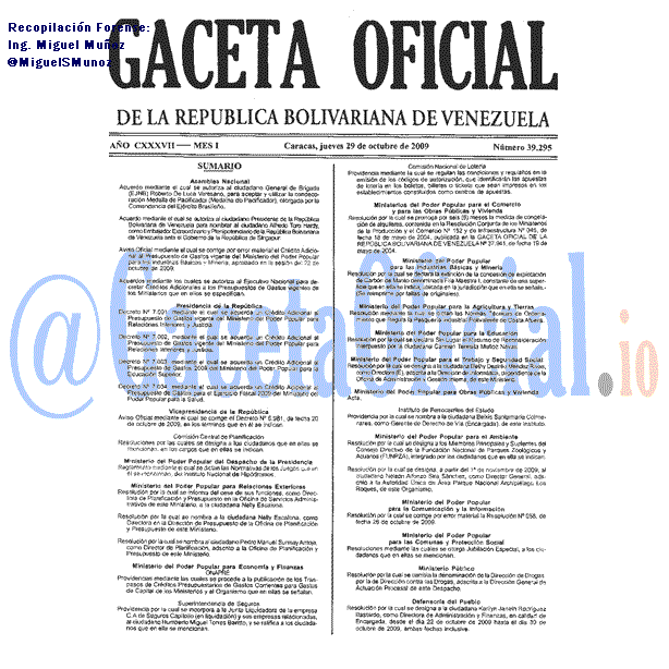 Gaceta Oficial 39295 del 29 Octubre 2009