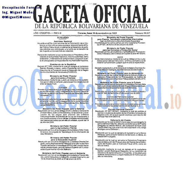 Gaceta Oficial 39317 del 30 Noviembre 2009