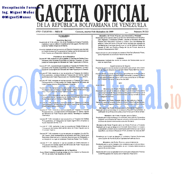 Gaceta Oficial 39323 del 8 Diciembre 2009