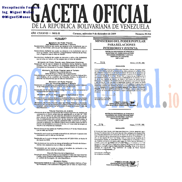 Gaceta Oficial 39324 del 9 Diciembre 2009