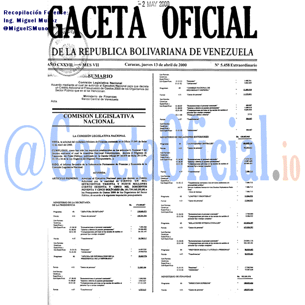 Gaceta Oficial 5458 del 13 Abril 2000