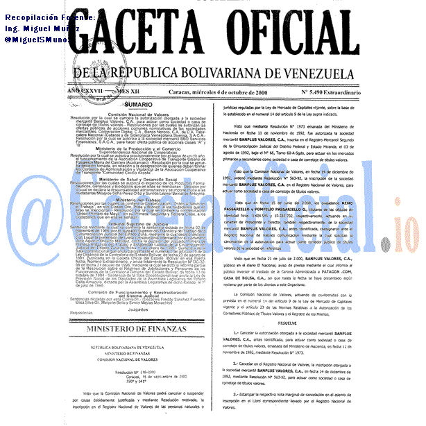 Gaceta Oficial 5490 del 4 Octubre 2000