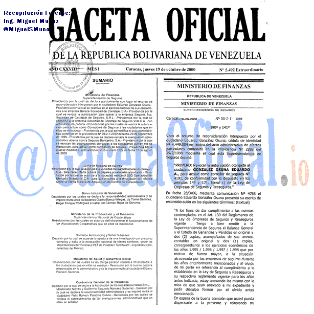 Gaceta Oficial 5492 del 19 Octubre 2000