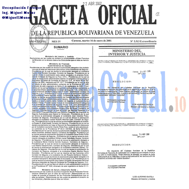 Gaceta Oficial 5513 del 16 Enero 2001