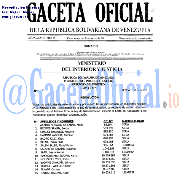 Gaceta Oficial 5516 del 23 Enero 2001