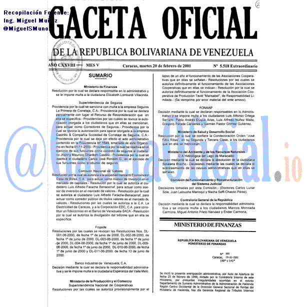 Gaceta Oficial 5518 del 20 Febrero 2001