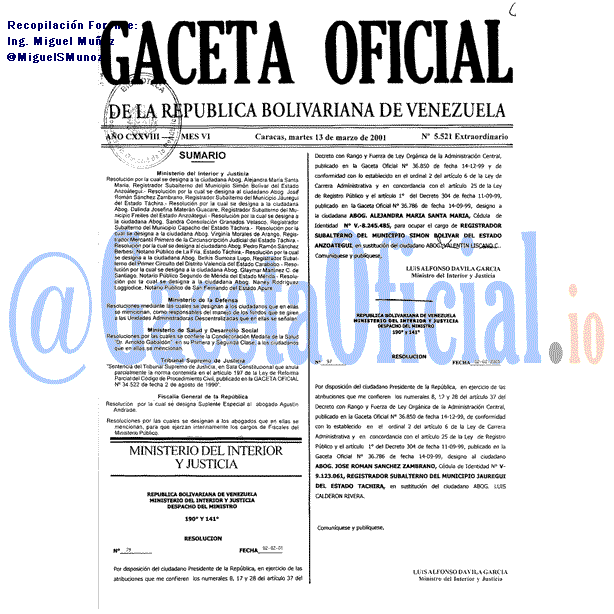 Gaceta Oficial 5521 del 13 Marzo 2001