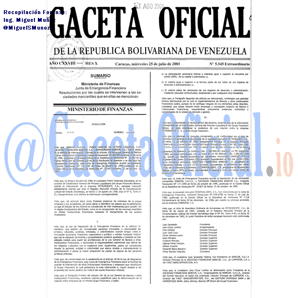Gaceta Oficial 5545 del 25 Julio 2001