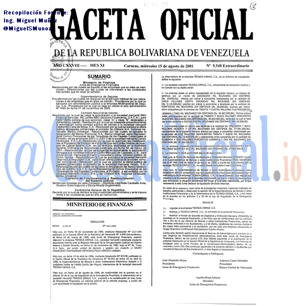 Gaceta Oficial 5548 del 15 Agosto 2001