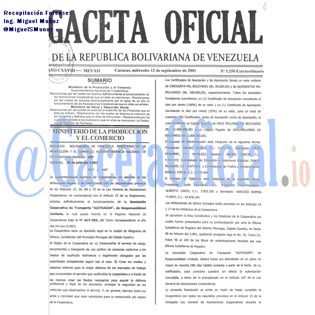 Gaceta Oficial 5550 del 12 Septiembre 2001