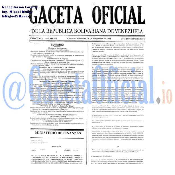 Gaceta Oficial 5560 del 21 Noviembre 2001
