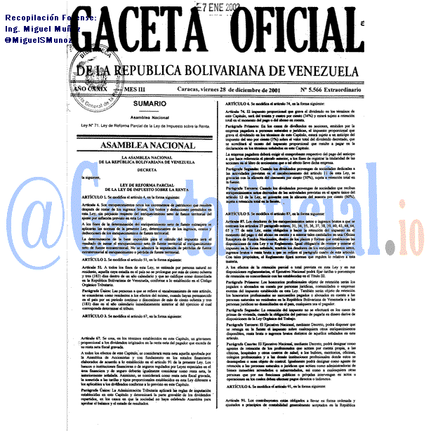 Gaceta Oficial 5566 del 28 Diciembre 2001