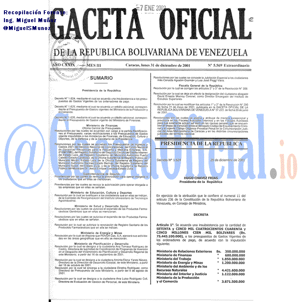 Gaceta Oficial 5569 del 31 Diciembre 2001