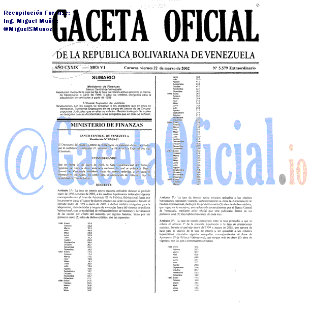 Gaceta Oficial 5579 del 22 Marzo 2002