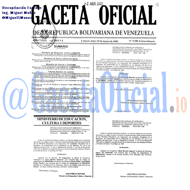Gaceta Oficial 5580 del 25 Marzo 2002