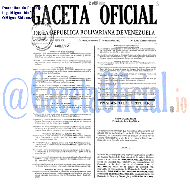 Gaceta Oficial 5581 del 27 Marzo 2002
