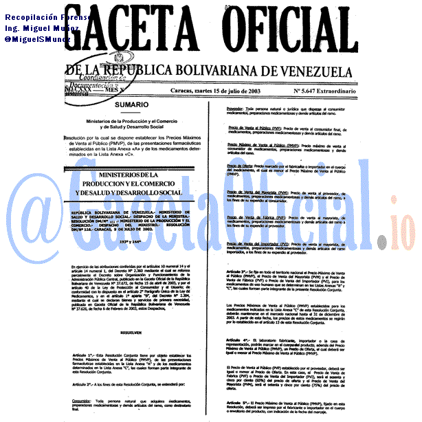 Gaceta Oficial 5647 del 15 Julio 2003