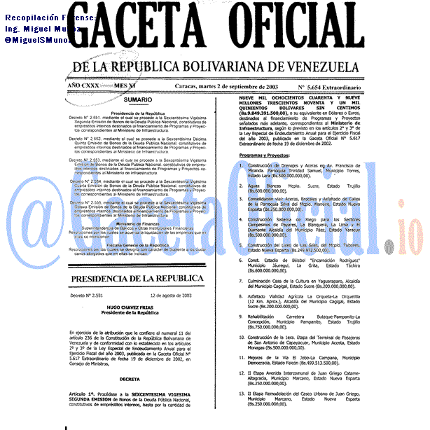 Gaceta Oficial 5654 del 2 Septiembre 2003