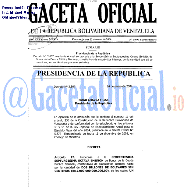 Gaceta Oficial 5690 del 22 Enero 2004