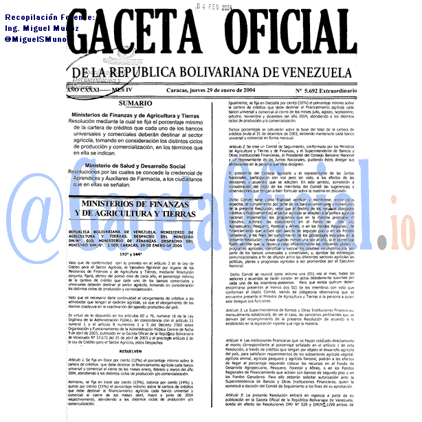 Gaceta Oficial 5692 del 29 Enero 2004