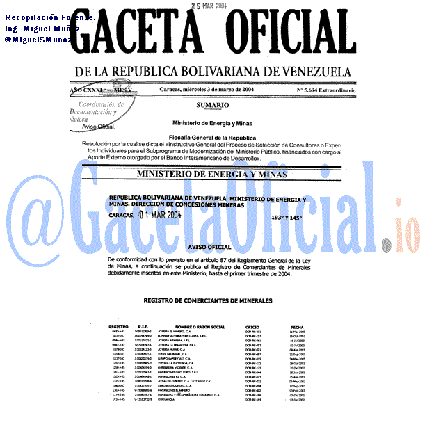 Gaceta Oficial 5694 del 3 Marzo 2004