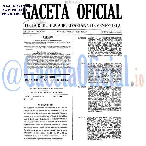 Gaceta Oficial 5706 del 21 Mayo 2004