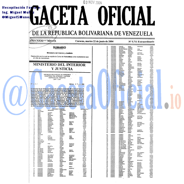 Gaceta Oficial 5711 del 22 Junio 2004
