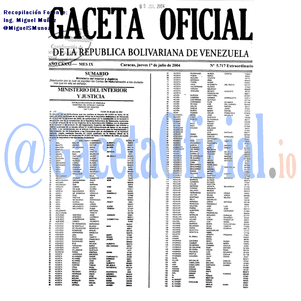 Gaceta Oficial 5717 del 1 Julio 2004