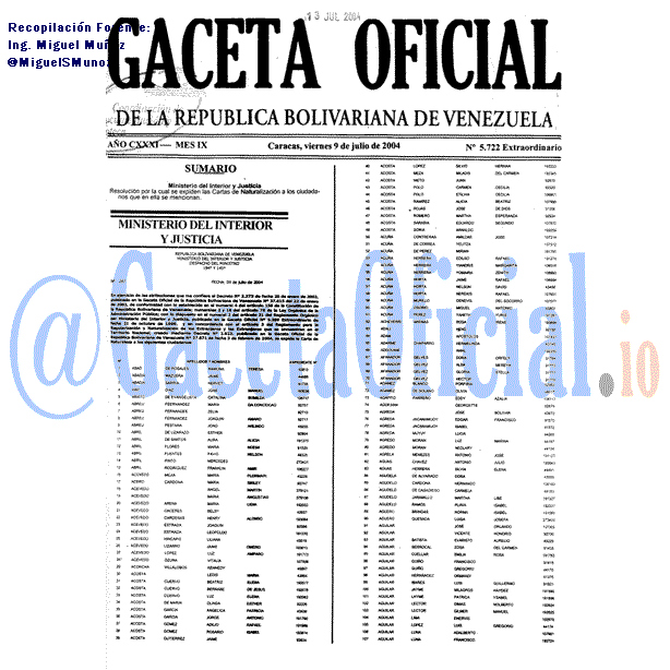 Gaceta Oficial 5722 del 9 Julio 2004