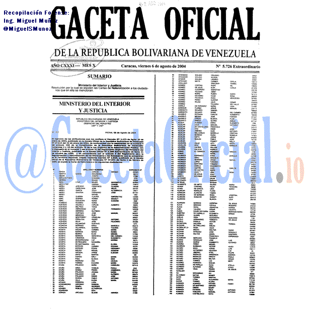 Gaceta Oficial 5726 del 6 Agosto 2004