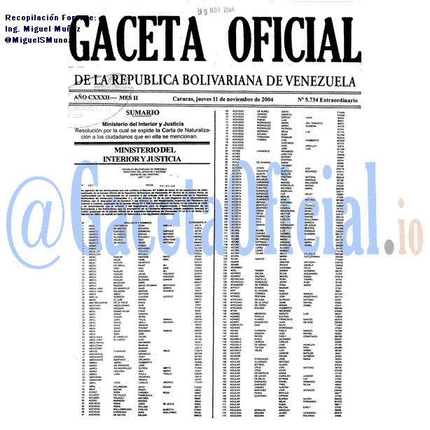 Gaceta Oficial 5734 del 11 Noviembre 2004
