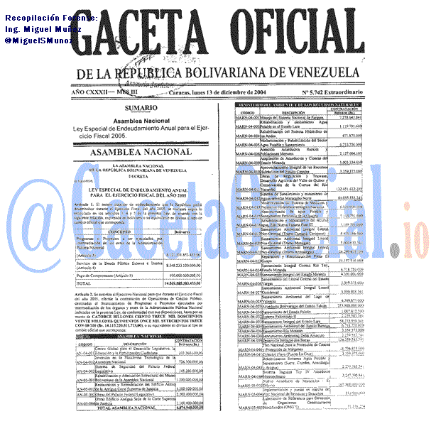 Gaceta Oficial 5742 del 13 Diciembre 2004