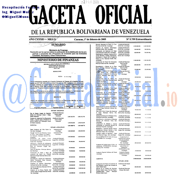 Gaceta Oficial 5759 del 1 Febrero 2005