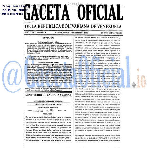 Gaceta Oficial 5761 del 18 Febrero 2005