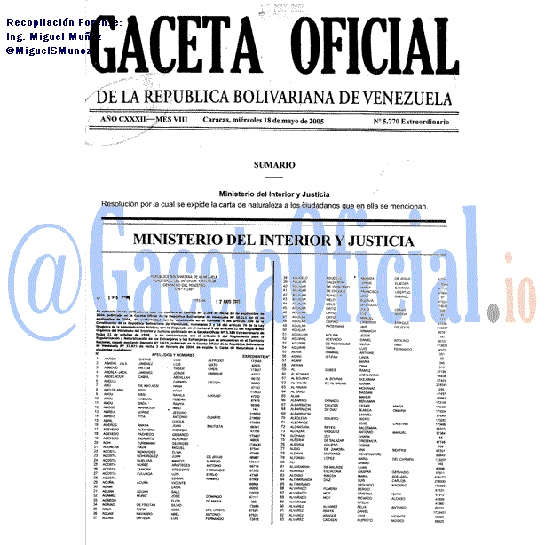Gaceta Oficial 5770 del 18 Mayo 2005