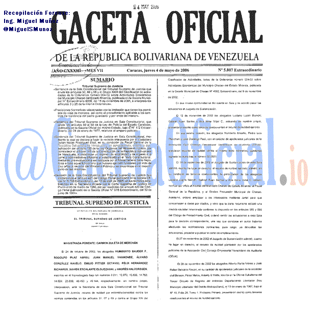 Gaceta Oficial 5807 del 4 Mayo 2006
