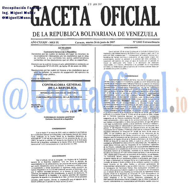 Gaceta Oficial 5842 del 26 Junio 2007