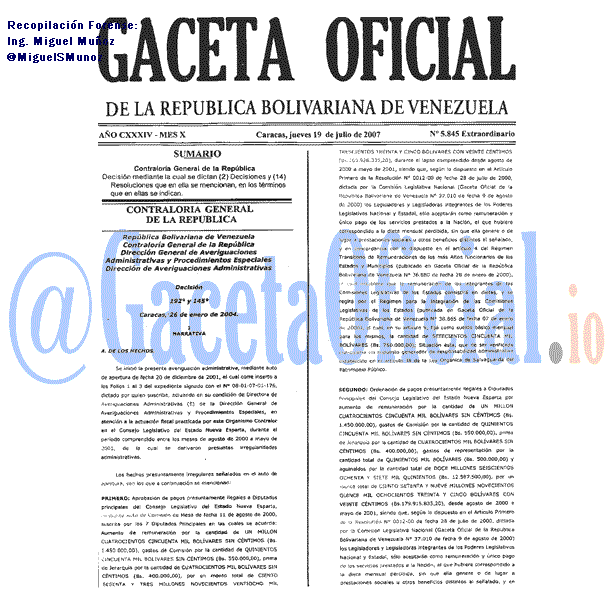 Gaceta Oficial 5845 del 19 Julio 2007