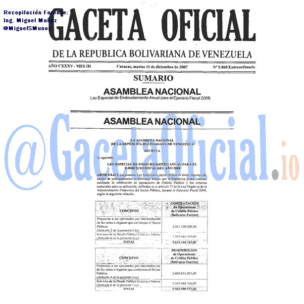 Gaceta Oficial 5860 del 11 Diciembre 2007