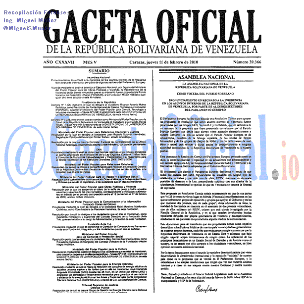 Gaceta Oficial 39366 del 11 Febrero 2010