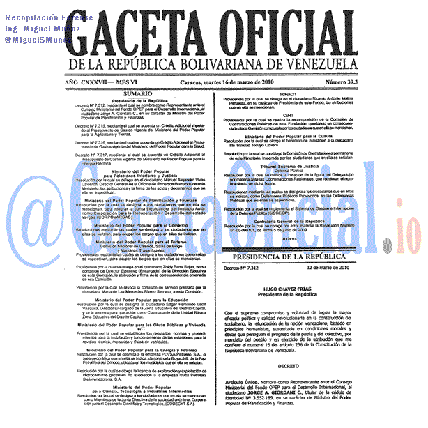 Gaceta Oficial 39387 del 16 Marzo 2010