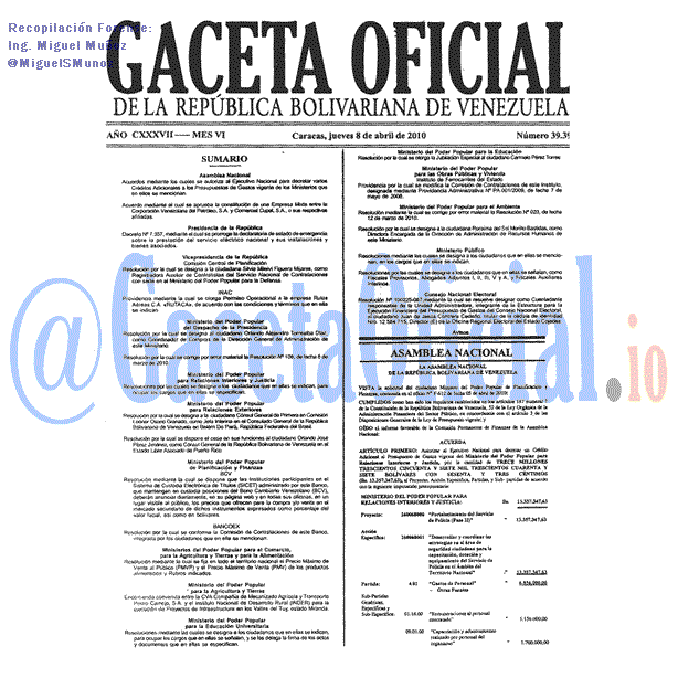Gaceta Oficial 39399 del 8 Abril 2010